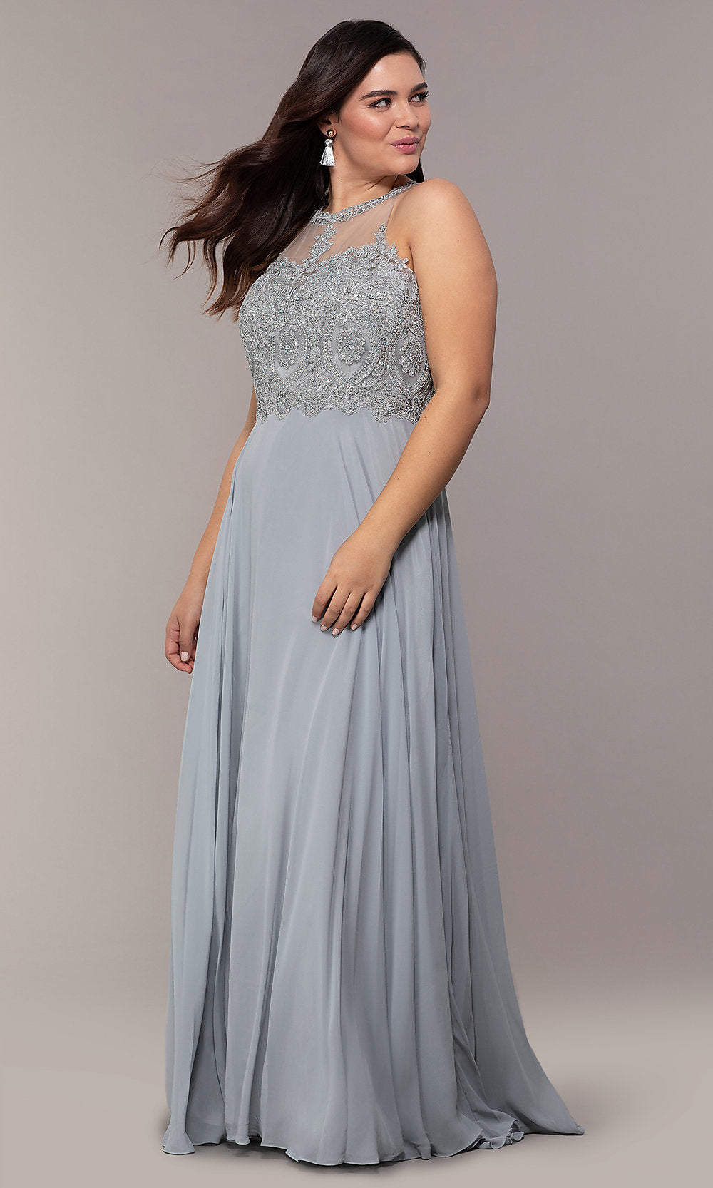 A woman models the Long Chiffon Embroidered-Bodice Prom Dress in light gray, featuring an intricately embroidered bodice, against a plain background.